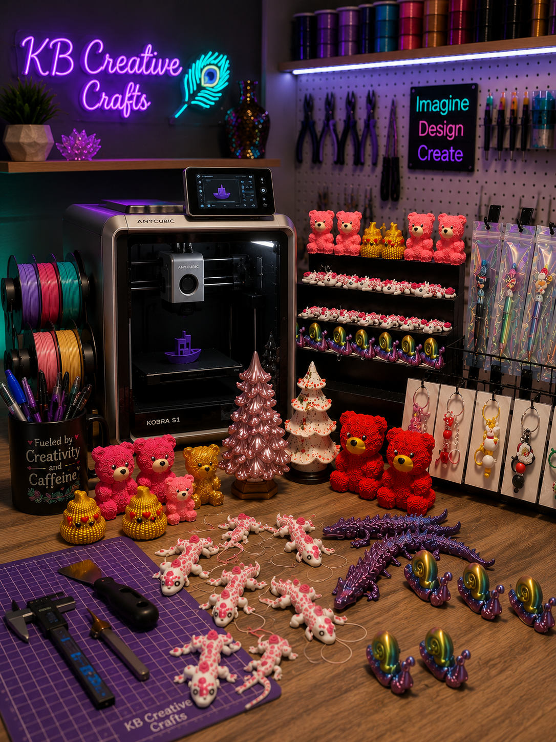 A workbench with a 3D printer part-way through a print, spools of filament above it, and finished pieces waiting to be packed — bears, geckos, keychains and a ceramic tree.